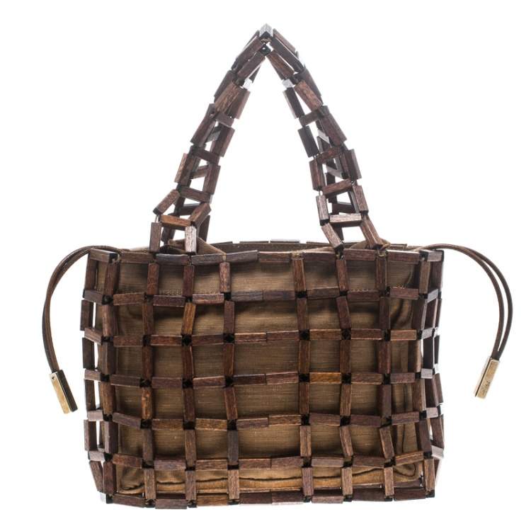 Pre Owned Salvatore Ferragamo Brown Rod Connector Wood Drawstring Bag