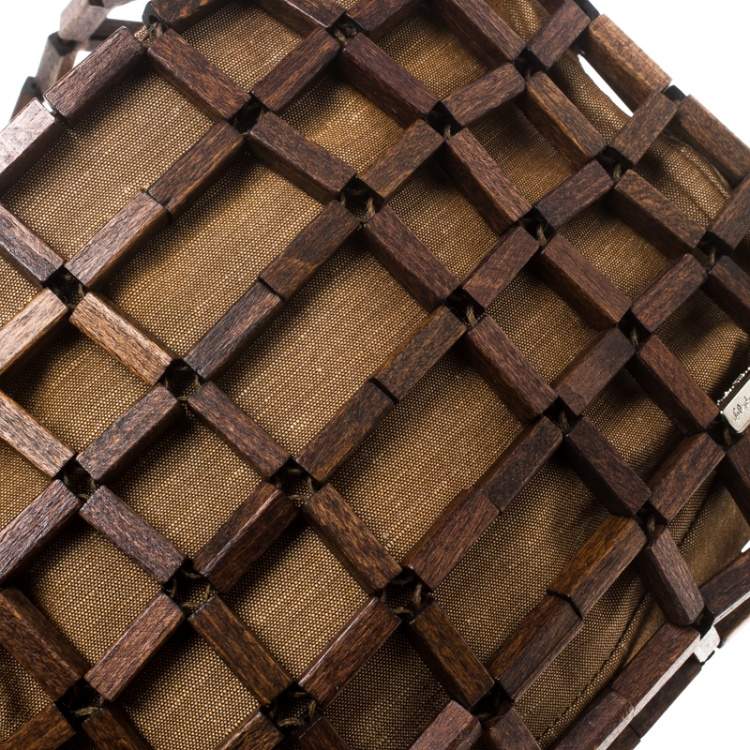 Pre Owned Salvatore Ferragamo Brown Rod Connector Wood Drawstring Bag