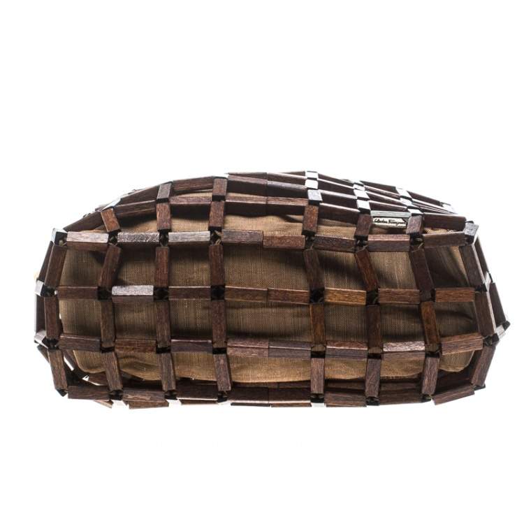 Pre Owned Salvatore Ferragamo Brown Rod Connector Wood Drawstring Bag