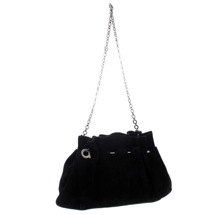 Pre Owned Salvatore Ferragamo Black Suede Chain Shoulder Bag