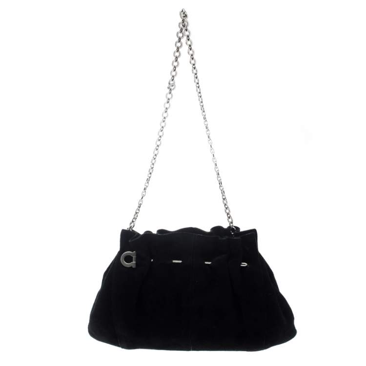 Pre Owned Salvatore Ferragamo Black Suede Chain Shoulder Bag