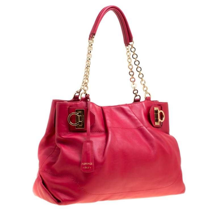 Pre Owned Salvatore Ferragamo Red Leather Chain Tote