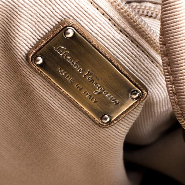 Pre Owned Salvatore Ferragamo Beige Leather and Canvas Bow Hobo 