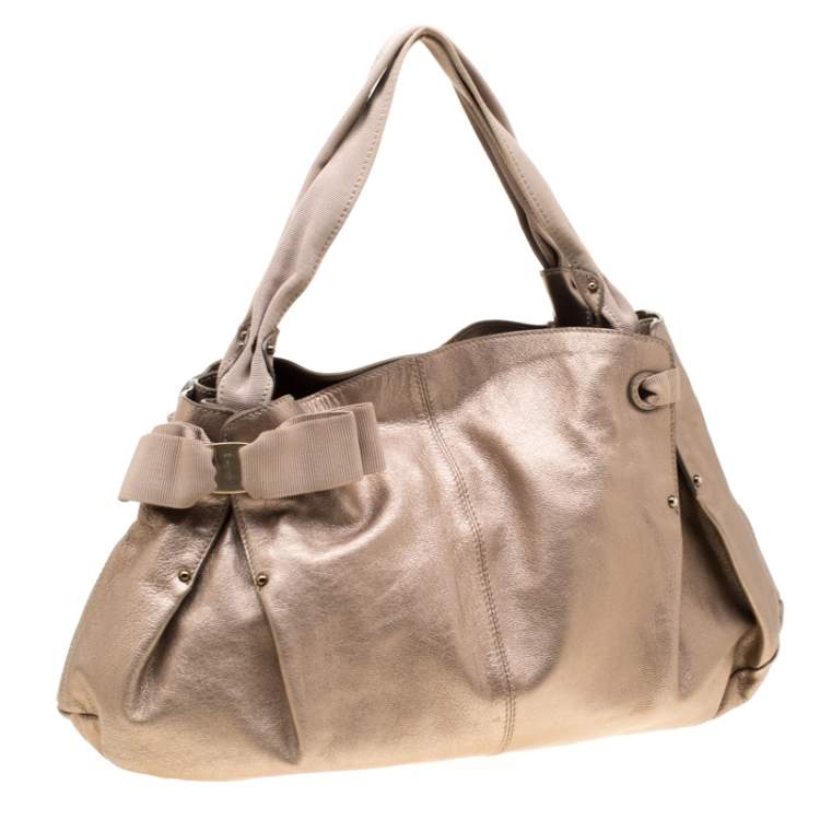 Pre Owned Salvatore Ferragamo Beige Leather and Canvas Bow Hobo 
