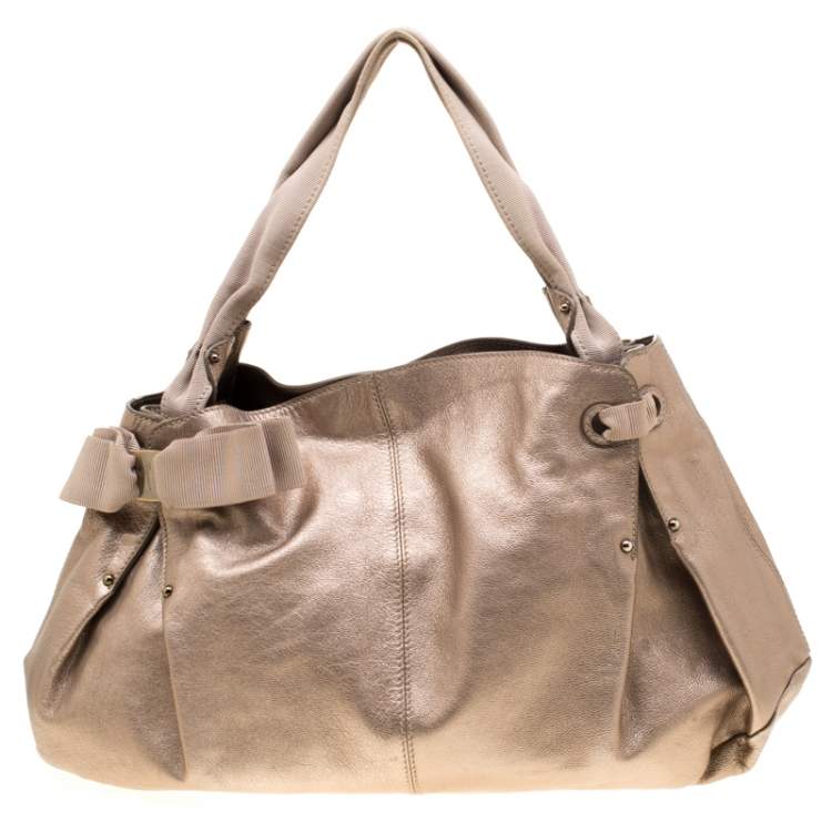 Pre Owned Salvatore Ferragamo Beige Leather and Canvas Bow Hobo 