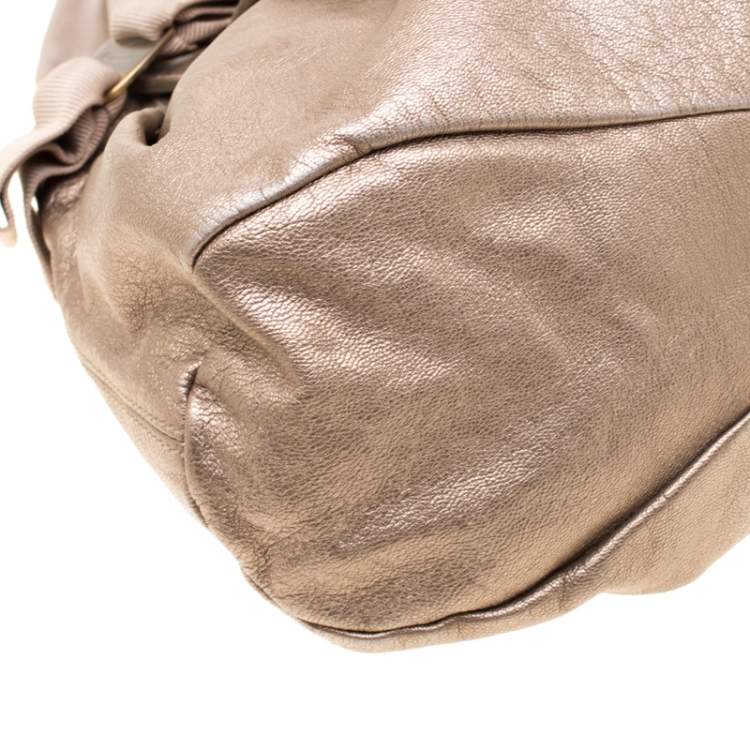 Pre Owned Salvatore Ferragamo Beige Leather and Canvas Bow Hobo 