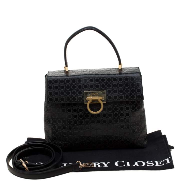 Pre Owned Salvatore Ferragamo Black Signature Embossed Leather Gancini Satchel