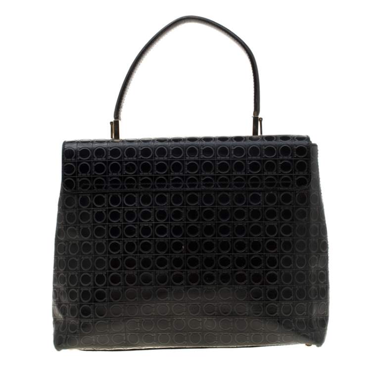 Pre Owned Salvatore Ferragamo Black Signature Embossed Leather Gancini Satchel