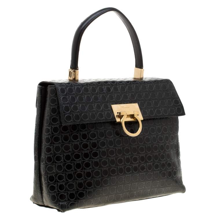 Pre Owned Salvatore Ferragamo Black Signature Embossed Leather Gancini Satchel