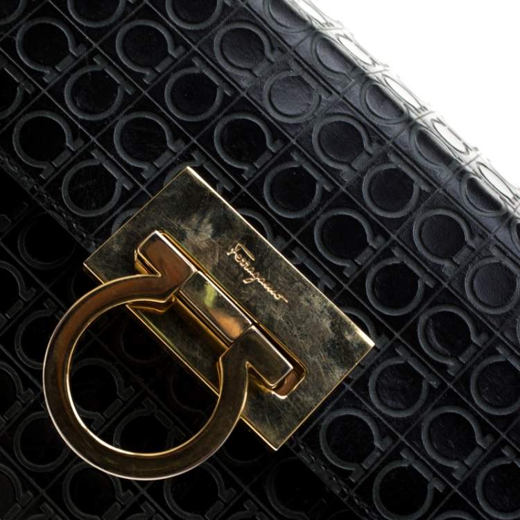 Pre Owned Salvatore Ferragamo Black Signature Embossed Leather Gancini Satchel