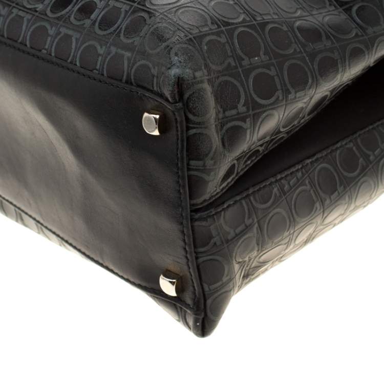 Pre Owned Salvatore Ferragamo Black Signature Embossed Leather Gancini Satchel