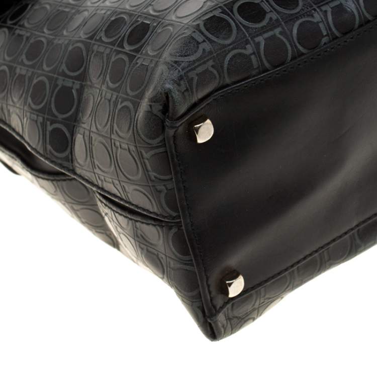 Pre Owned Salvatore Ferragamo Black Signature Embossed Leather Gancini Satchel
