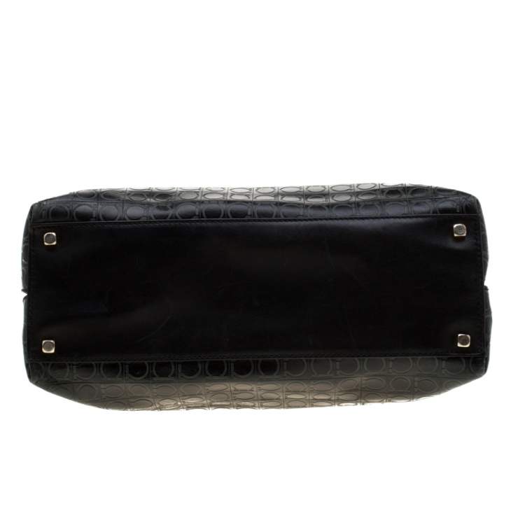 Pre Owned Salvatore Ferragamo Black Signature Embossed Leather Gancini Satchel
