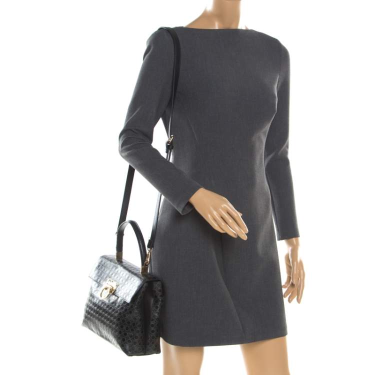 Pre Owned Salvatore Ferragamo Black Signature Embossed Leather Gancini Satchel