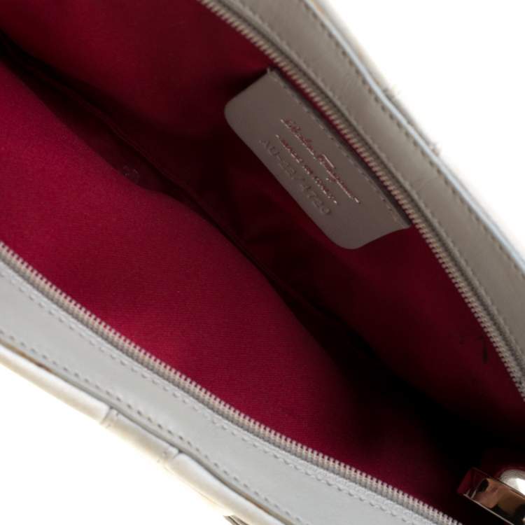 Pre Owned Salvatore Ferragamo Silver Satin and Leather Bow Crossbody Bag