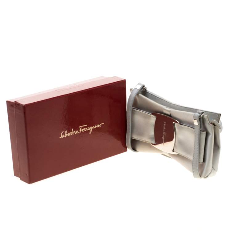 Pre Owned Salvatore Ferragamo Silver Satin and Leather Bow Crossbody Bag