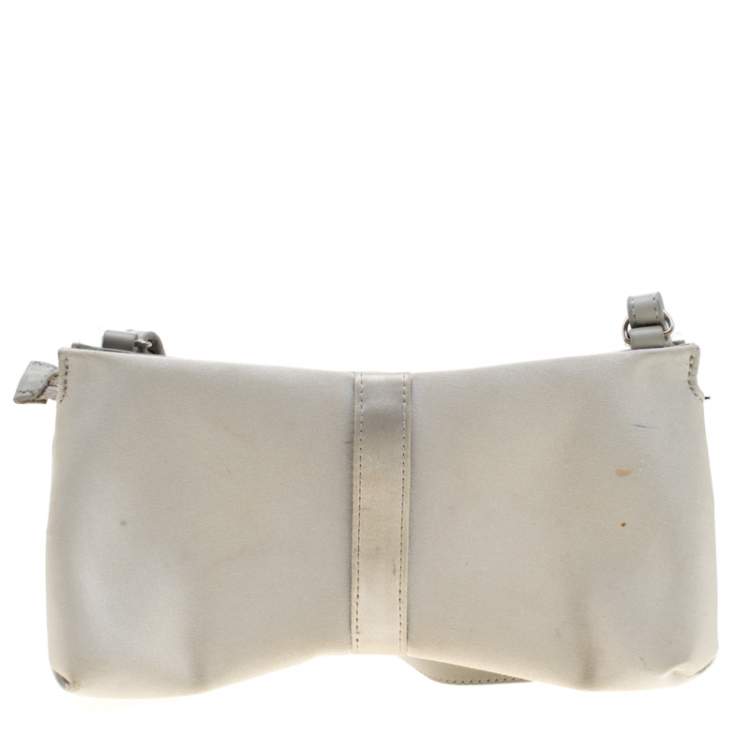 Pre Owned Salvatore Ferragamo Silver Satin and Leather Bow Crossbody Bag