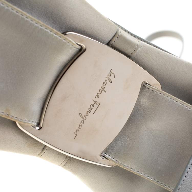 Pre Owned Salvatore Ferragamo Silver Satin and Leather Bow Crossbody Bag