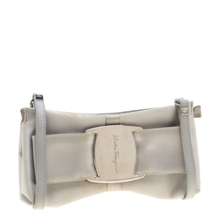 Pre Owned Salvatore Ferragamo Silver Satin and Leather Bow Crossbody Bag