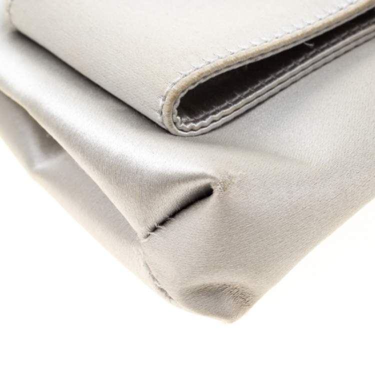 Pre Owned Salvatore Ferragamo Silver Satin and Leather Bow Crossbody Bag