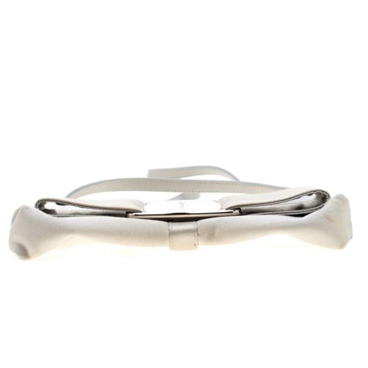 Pre Owned Salvatore Ferragamo Silver Satin and Leather Bow Crossbody Bag
