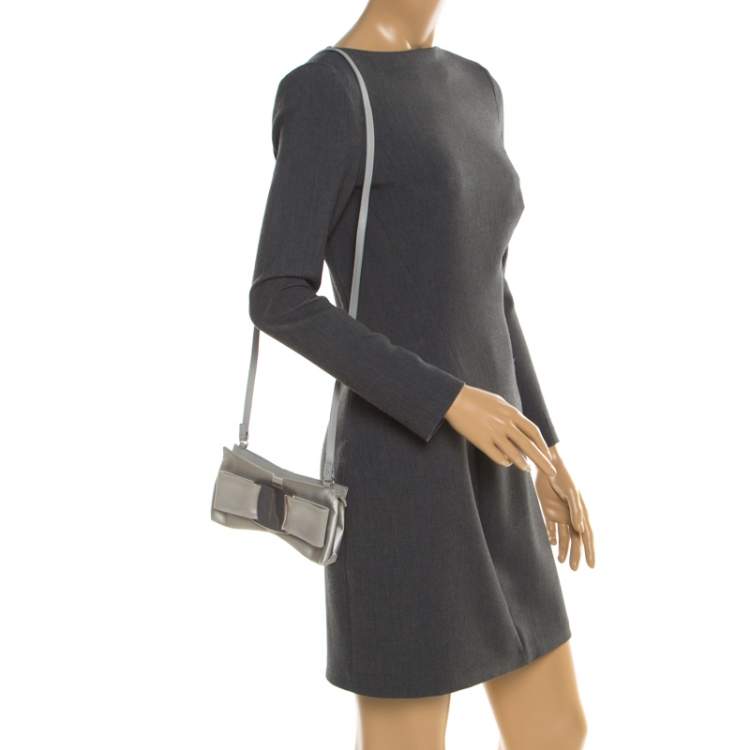 Pre Owned Salvatore Ferragamo Silver Satin and Leather Bow Crossbody Bag