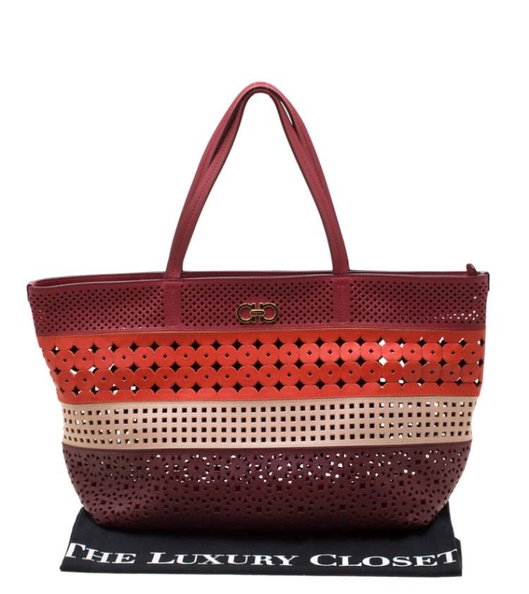 Pre Owned Salvatore Ferragamo Multicolor Leather Laser Cut Shopper Tote