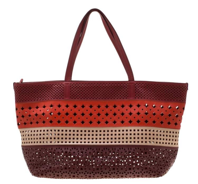 Pre Owned Salvatore Ferragamo Multicolor Leather Laser Cut Shopper Tote