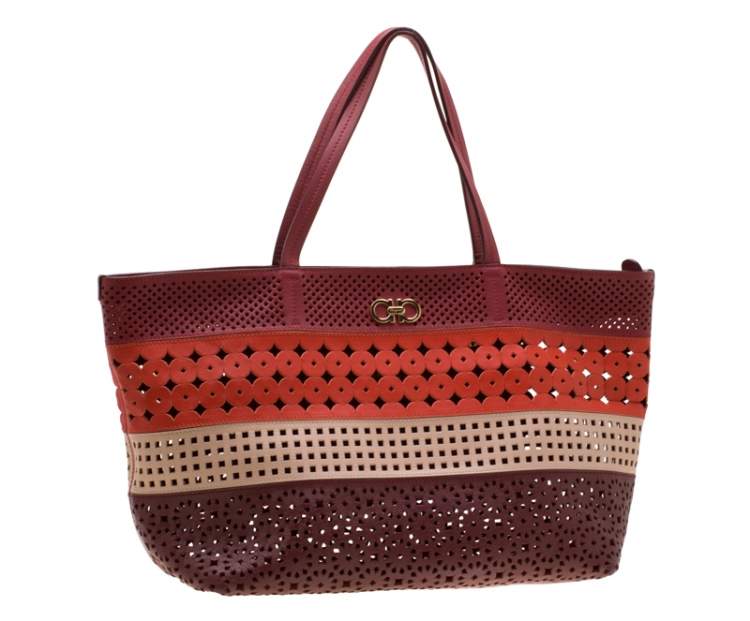 Pre Owned Salvatore Ferragamo Multicolor Leather Laser Cut Shopper Tote