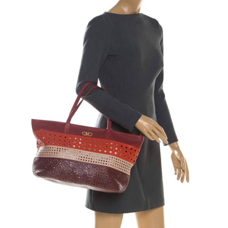 Pre Owned Salvatore Ferragamo Multicolor Leather Laser Cut Shopper Tote