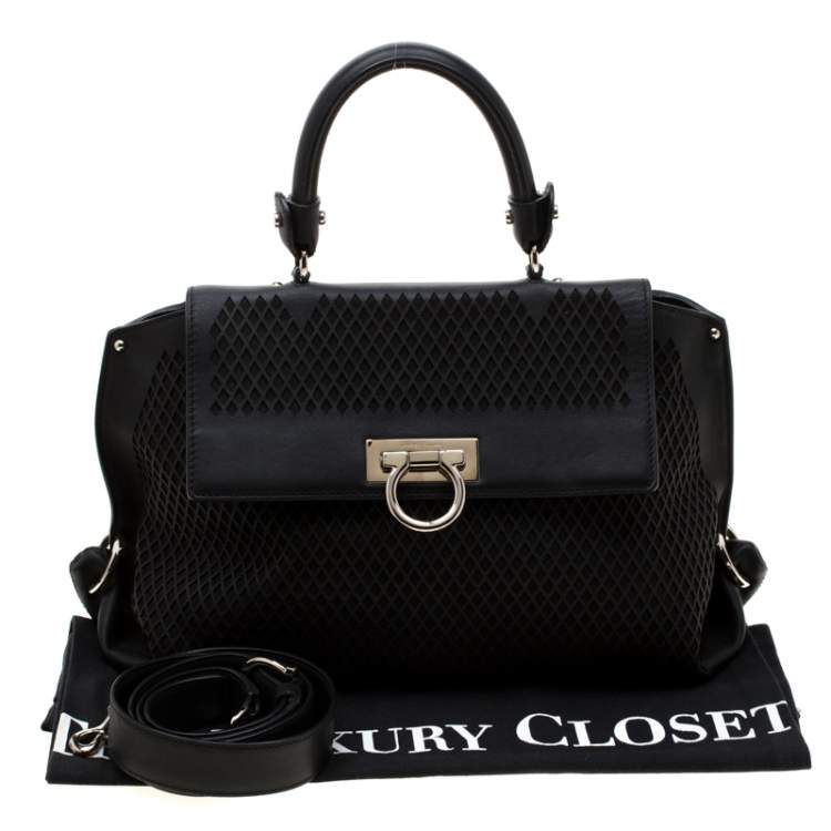 Pre Owned Salvatore Ferragamo Black Lasercut Leather Medium Sofia Satchel