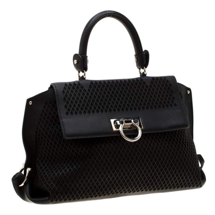 Pre Owned Salvatore Ferragamo Black Lasercut Leather Medium Sofia Satchel