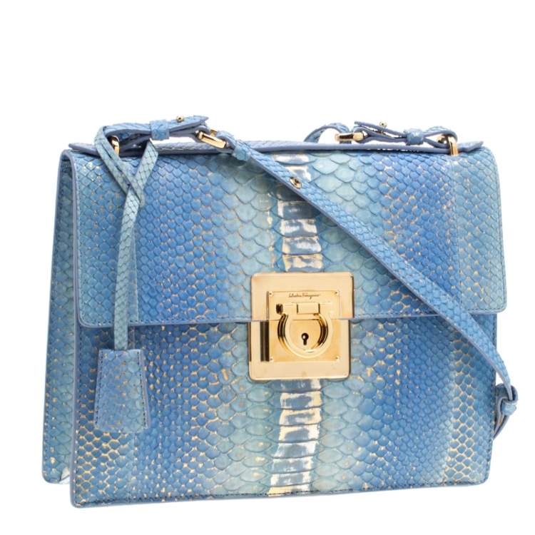 مملوكة مسبقًا Salvatore Ferragamo Blue/Gold Python Gancio Lock Shoulder Bag