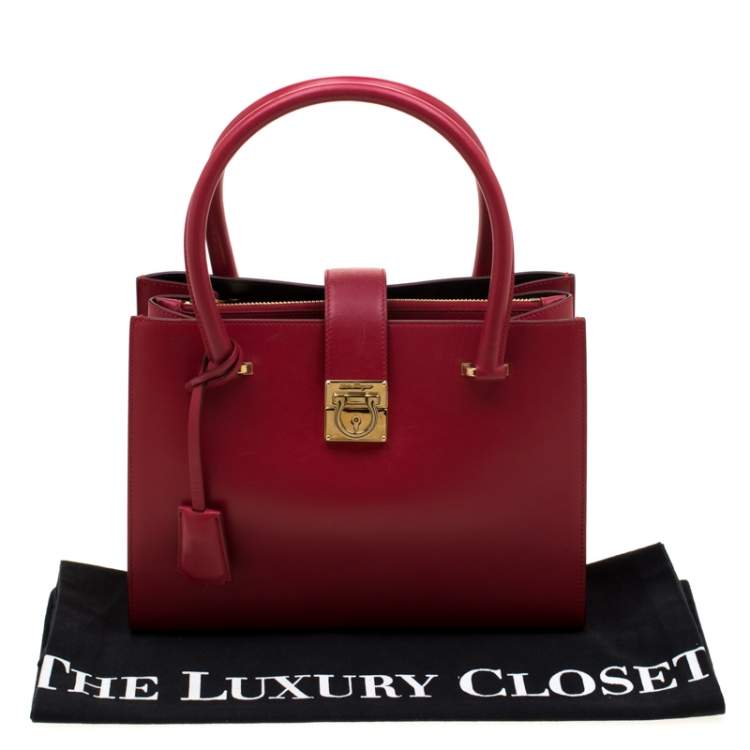 Pre Owned Salvatore Ferragamo Red Leather Gancini Lock Tote