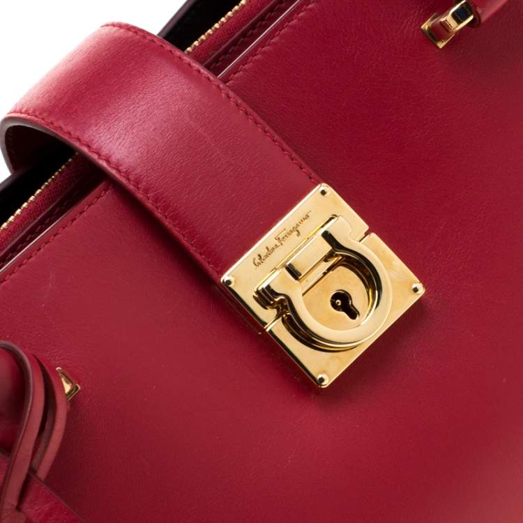 Pre Owned Salvatore Ferragamo Red Leather Gancini Lock Tote