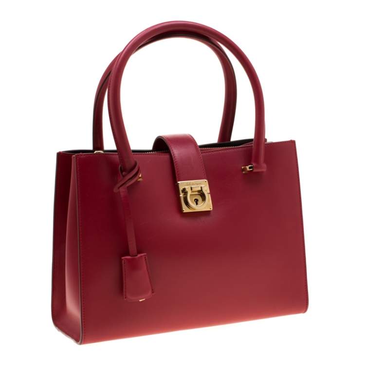 Pre Owned Salvatore Ferragamo Red Leather Gancini Lock Tote