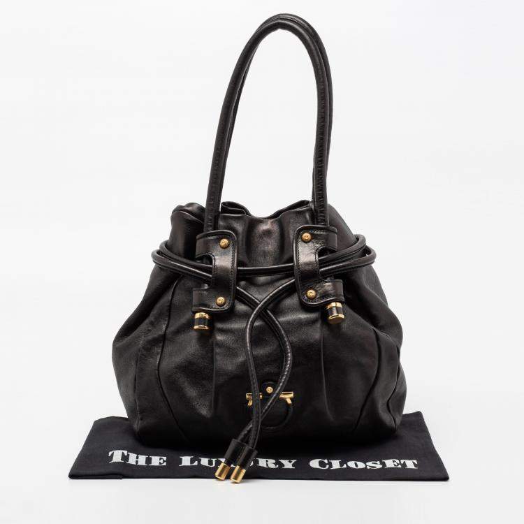 Pre Owned Salvatore Ferragamo Black Leather Drawstring Hobo