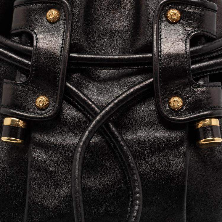 Pre Owned Salvatore Ferragamo Black Leather Drawstring Hobo