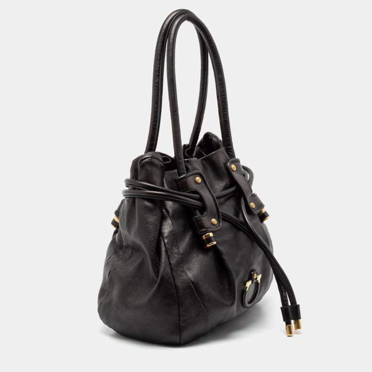 Pre Owned Salvatore Ferragamo Black Leather Drawstring Hobo