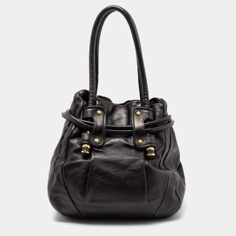 Pre Owned Salvatore Ferragamo Black Leather Drawstring Hobo