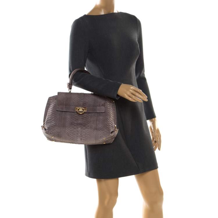 Pre Owned Salvatore Ferragamo Taupe Python Medium Sofia Satchel