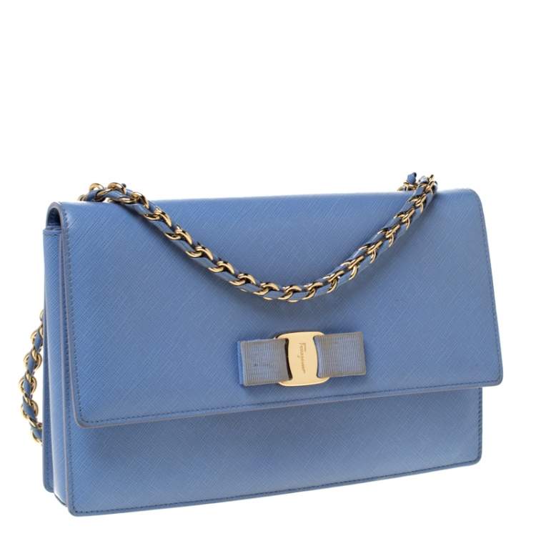 Pre Owned Salvatore Ferragamo Light Blue Leather Ginny Shoulder Bag