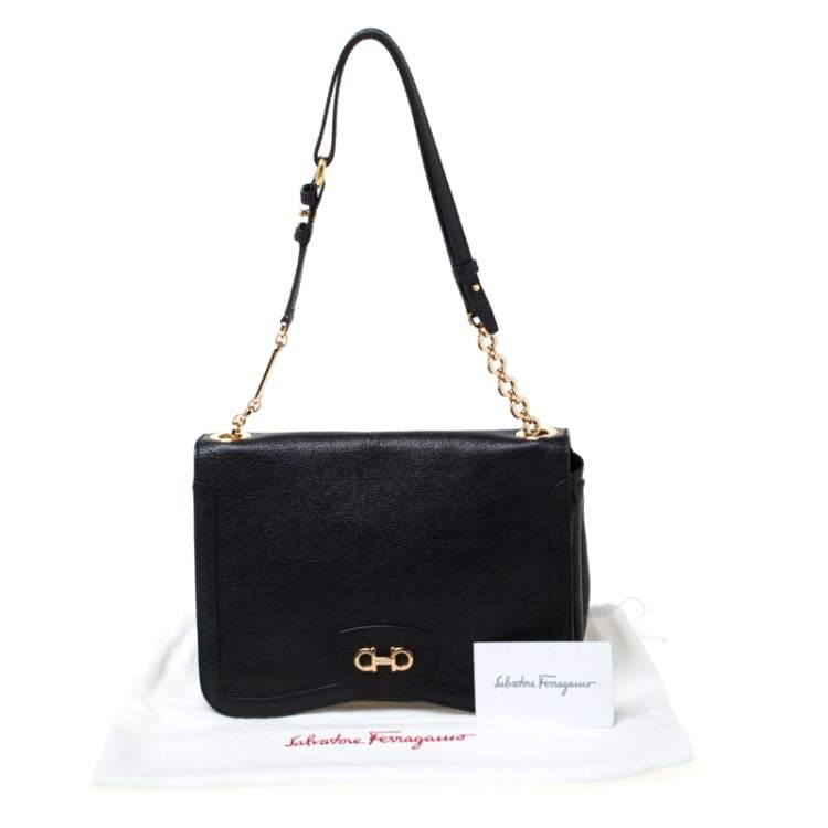 Pre Owned Salvatore Ferragamo Black Leather Gancini Flap Shoulder Bag