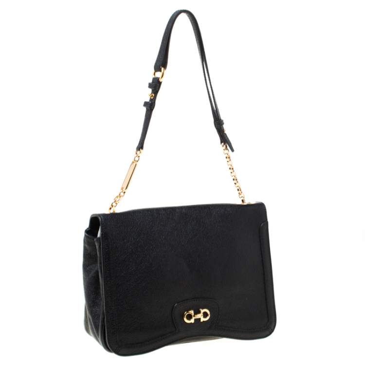Pre Owned Salvatore Ferragamo Black Leather Gancini Flap Shoulder Bag