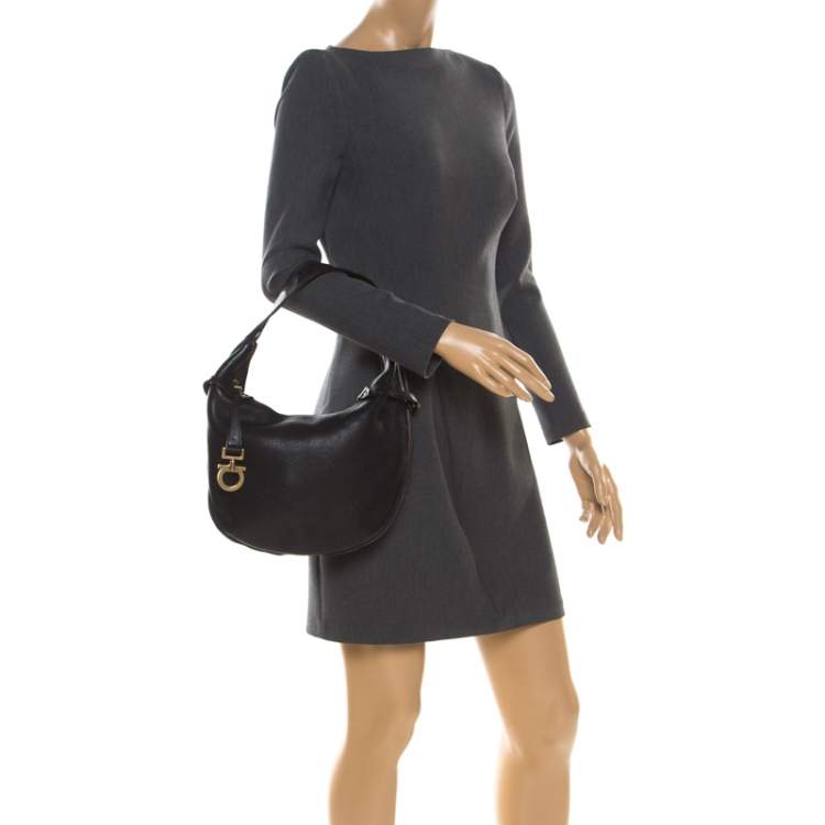 Pre Owned Salvatore Ferragamo Black Leather and Canvas Hobo
