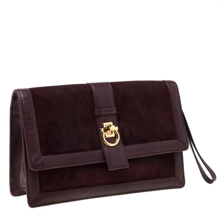 مملوكة مسبقًا Salvatore Ferragamo Burgundy Suede and Leather Clutch