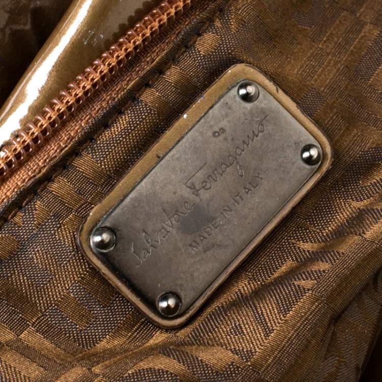 Pre Owned Salvatore Ferragamo Olive Green Patent Leather Satchel