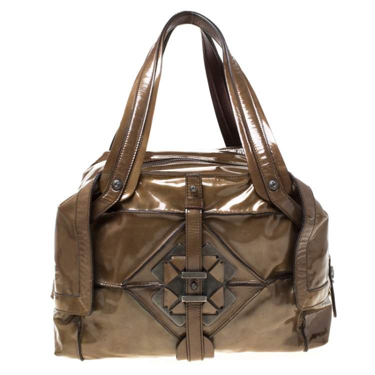 Pre Owned Salvatore Ferragamo Olive Green Patent Leather Satchel