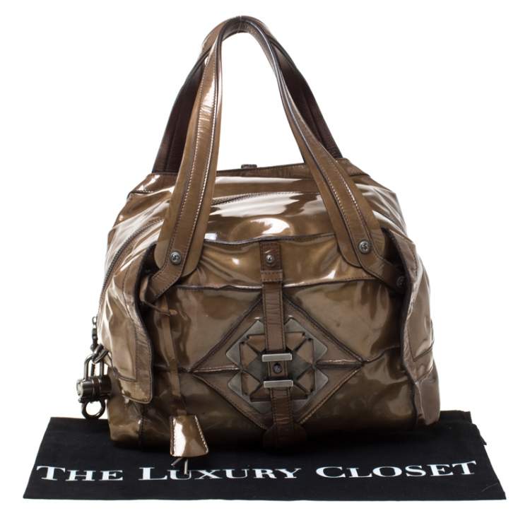 Pre Owned Salvatore Ferragamo Olive Green Patent Leather Satchel