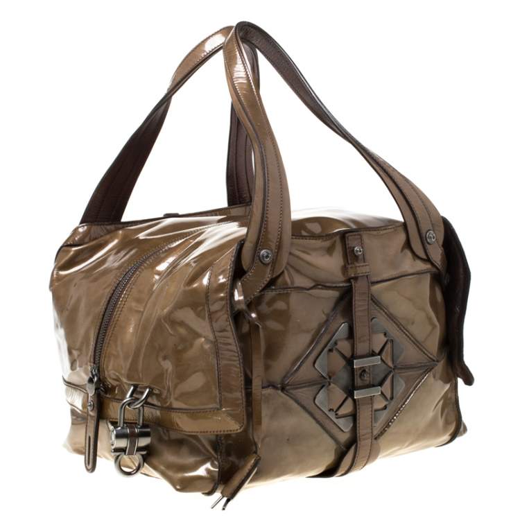 Pre Owned Salvatore Ferragamo Olive Green Patent Leather Satchel